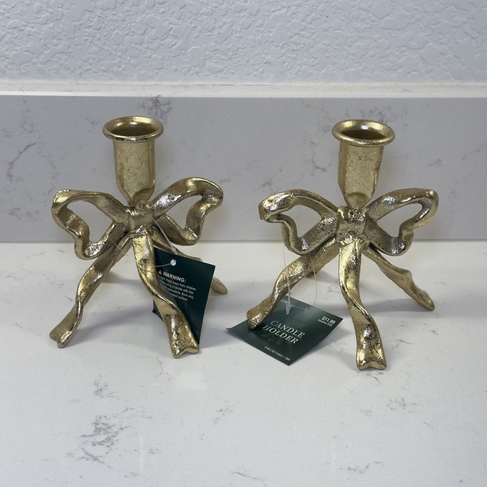 Hobby Lobby Gold Bow Taper Candle Holders Set of 2 Christmas 2026 NEW